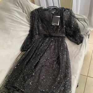 Halston Heritage Black Sequin Long Sleeve Cocktail Dress